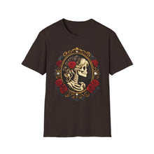 Load image into Gallery viewer, Skeleton Cameo T-Shirt — Vintage Gothic Skull Portrait with Red Roses