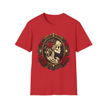 Load image into Gallery viewer, Skeleton Cameo T-Shirt — Vintage Gothic Skull Portrait with Red Roses