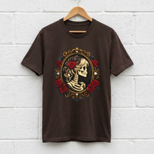 Load image into Gallery viewer, Skeleton Cameo T-Shirt — Vintage Gothic Skull Portrait with Red Roses
