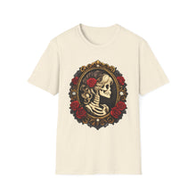 Load image into Gallery viewer, Skeleton Cameo T-Shirt — Vintage Gothic Skull Portrait with Red Roses
