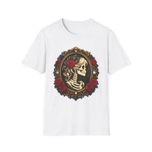 Load image into Gallery viewer, Skeleton Cameo T-Shirt — Vintage Gothic Skull Portrait with Red Roses
