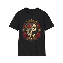 Load image into Gallery viewer, Skeleton Cameo T-Shirt — Vintage Gothic Skull Portrait with Red Roses
